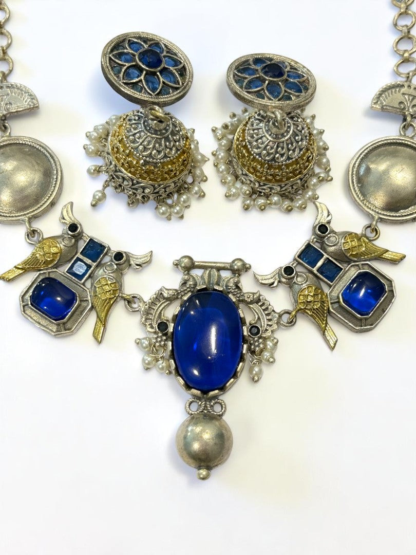 BLUE VEDITA GERMAN SILVER JEWELLERY SET