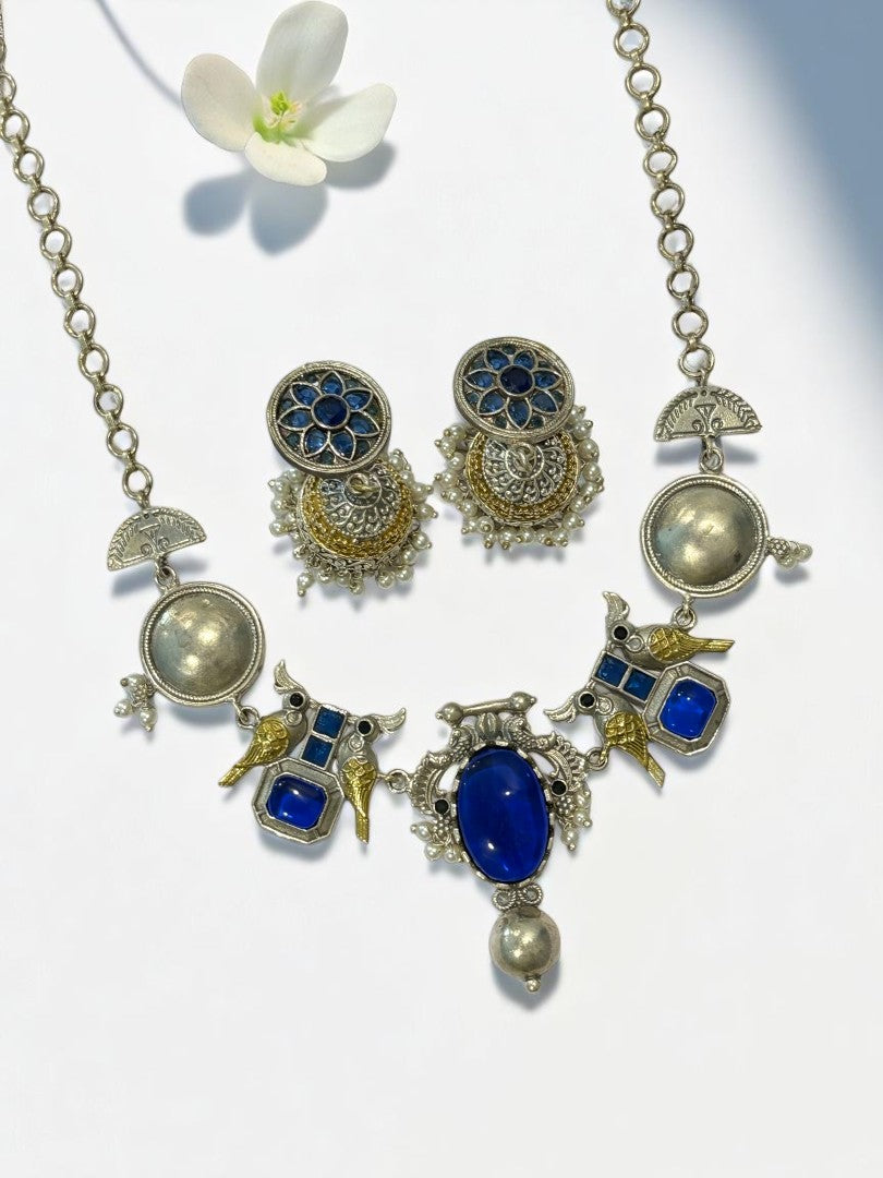 BLUE VEDITA GERMAN SILVER JEWELLERY SET
