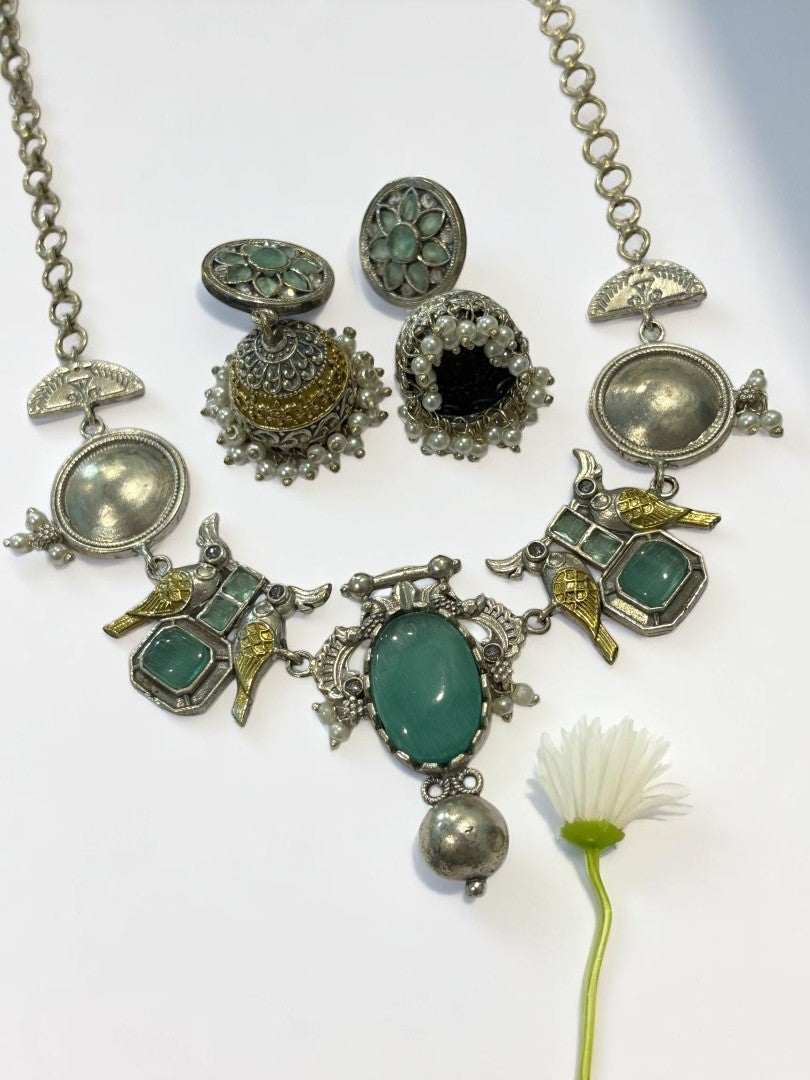 SEA GREEN VEDITA GERMAN SILVER JEWELLERY SET