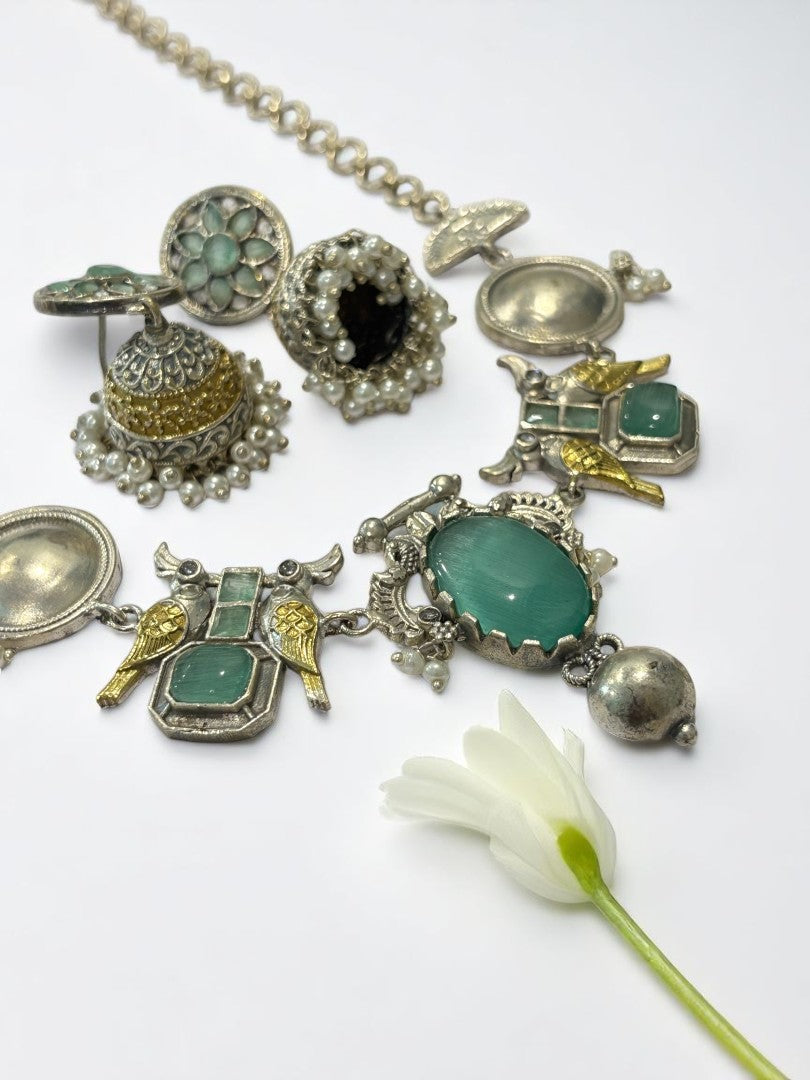 SEA GREEN VEDITA GERMAN SILVER JEWELLERY SET