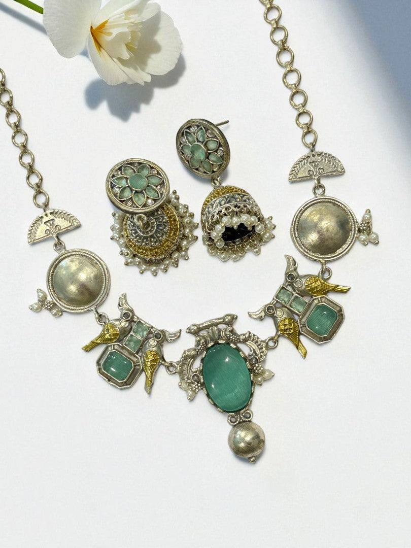 SEA GREEN VEDITA GERMAN SILVER JEWELLERY SET