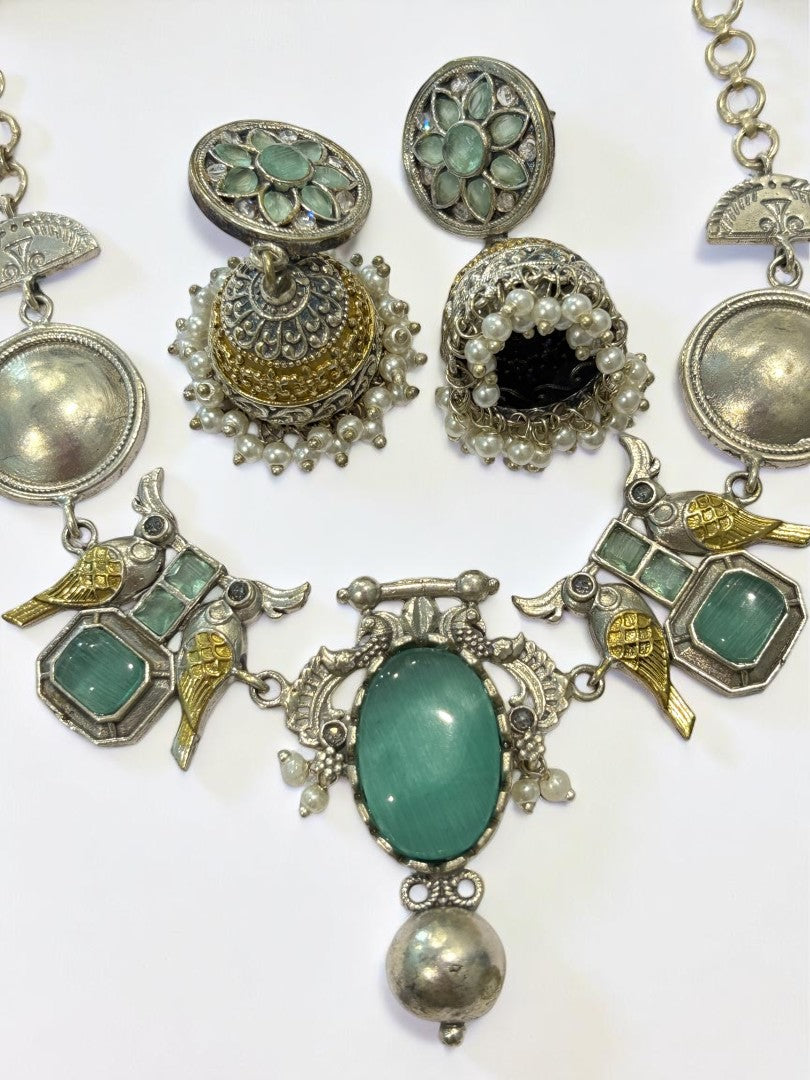 SEA GREEN VEDITA GERMAN SILVER JEWELLERY SET