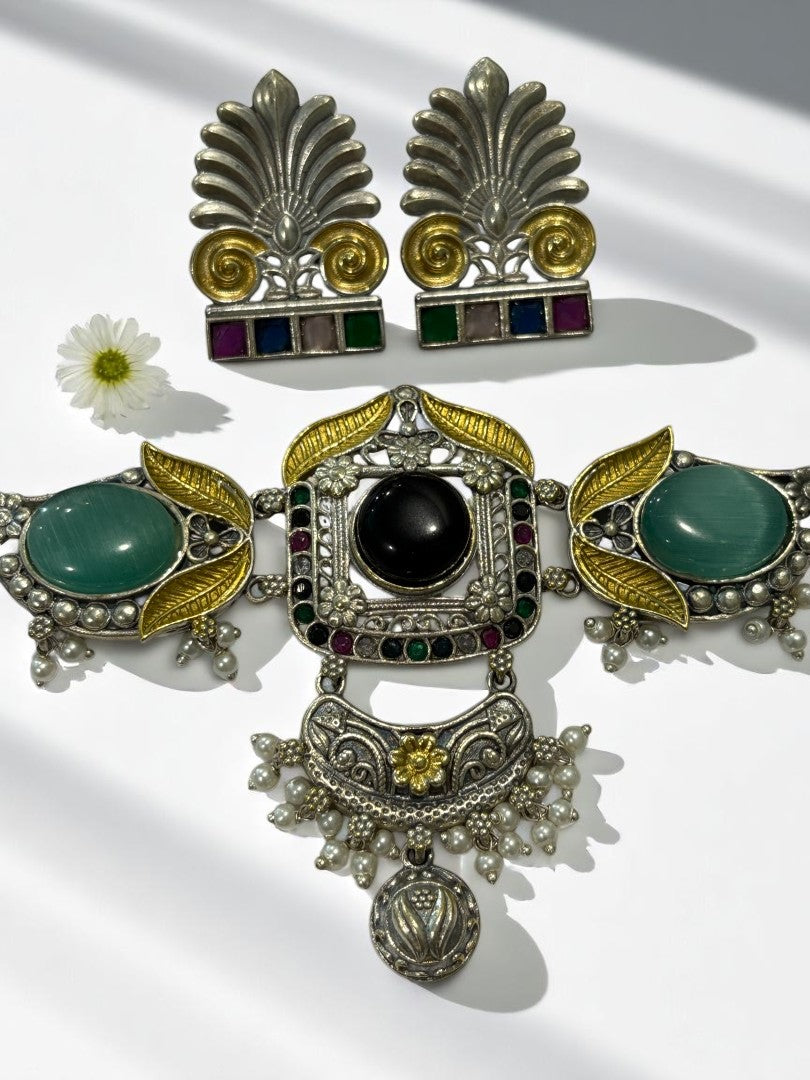 GREEN RITU GERMAN SILVER JEWELLERY SET