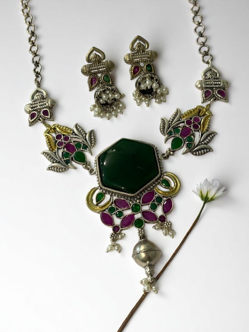 GREEN REKHA GERMAN SILVER JEWELLERY SET