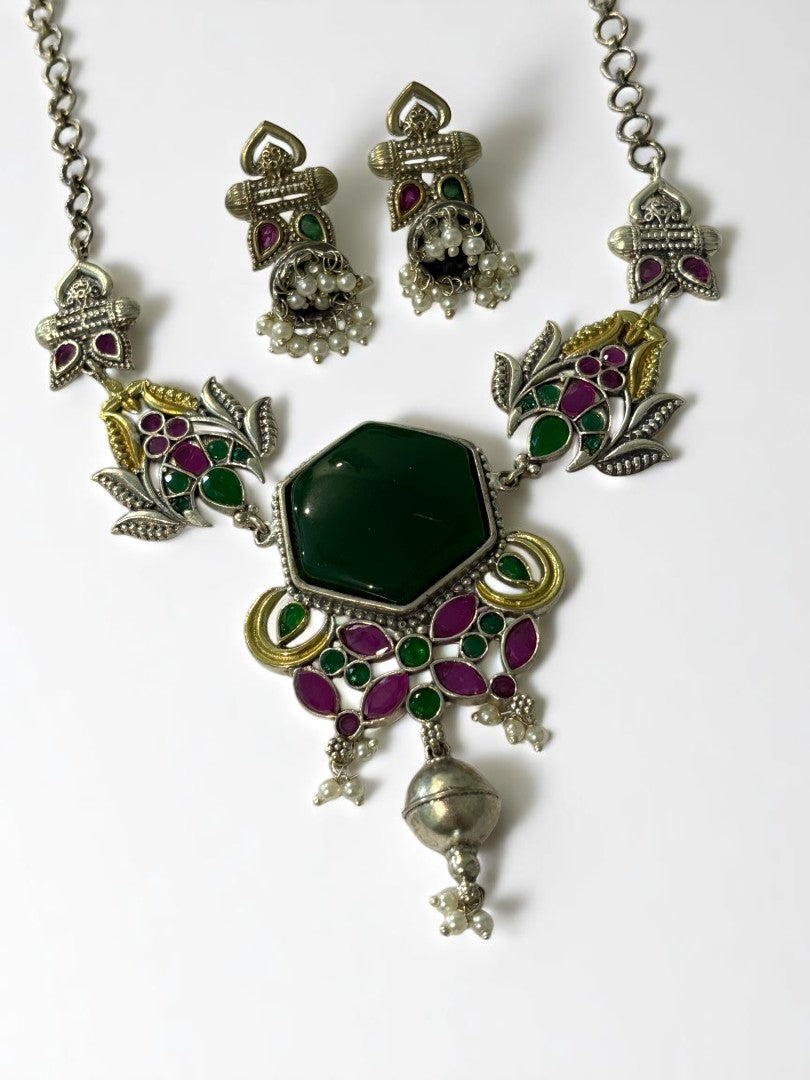 GREEN REKHA GERMAN SILVER JEWELLERY SET