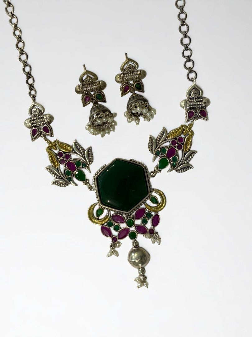GREEN REKHA GERMAN SILVER JEWELLERY SET
