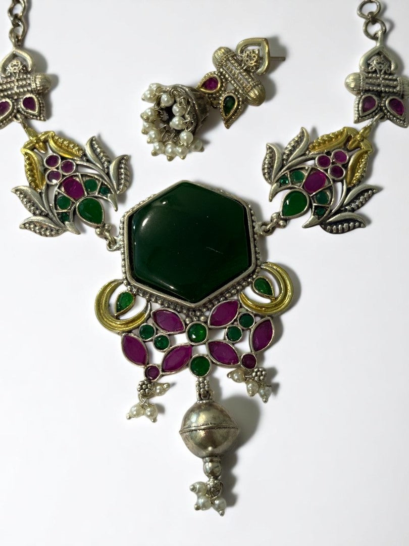 GREEN REKHA GERMAN SILVER JEWELLERY SET