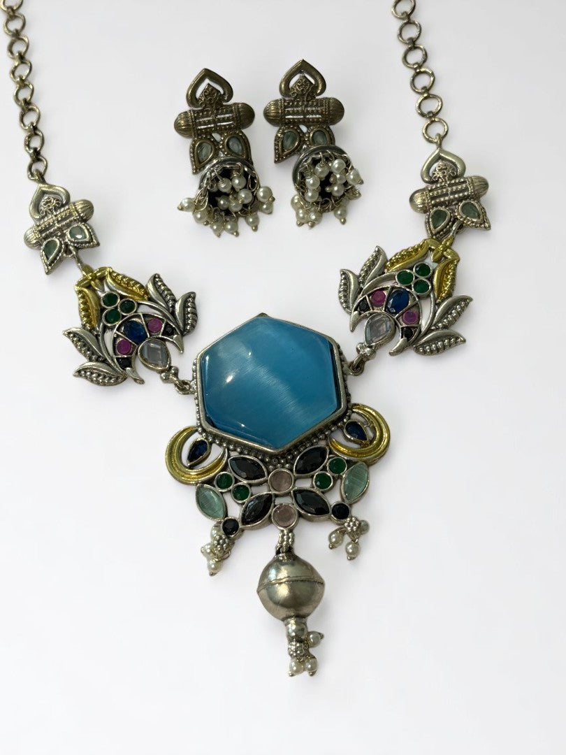 SEA BLUE REKHA GERMAN SILVER JEWELLERY SET