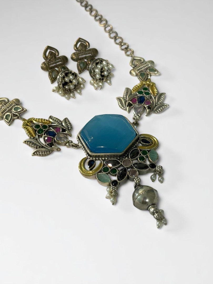 SEA BLUE REKHA GERMAN SILVER JEWELLERY SET