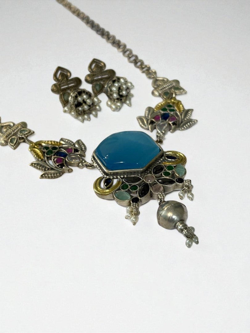 SEA BLUE REKHA GERMAN SILVER JEWELLERY SET