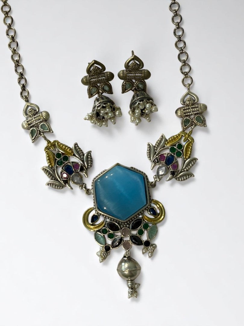 SEA BLUE REKHA GERMAN SILVER JEWELLERY SET