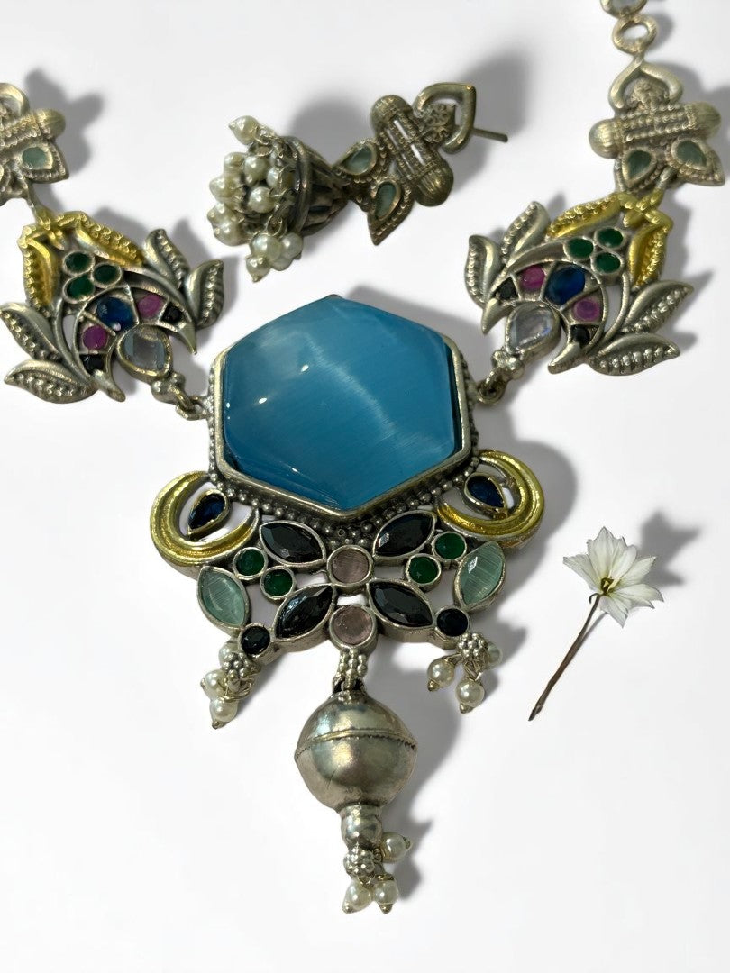 SEA BLUE REKHA GERMAN SILVER JEWELLERY SET