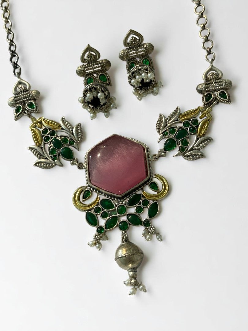 PINK REKHA GERMAN SILVER JEWELLERY SET