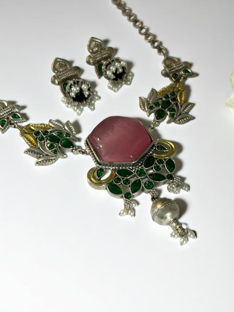 PINK REKHA GERMAN SILVER JEWELLERY SET