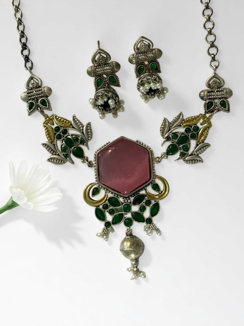 PINK REKHA GERMAN SILVER JEWELLERY SET