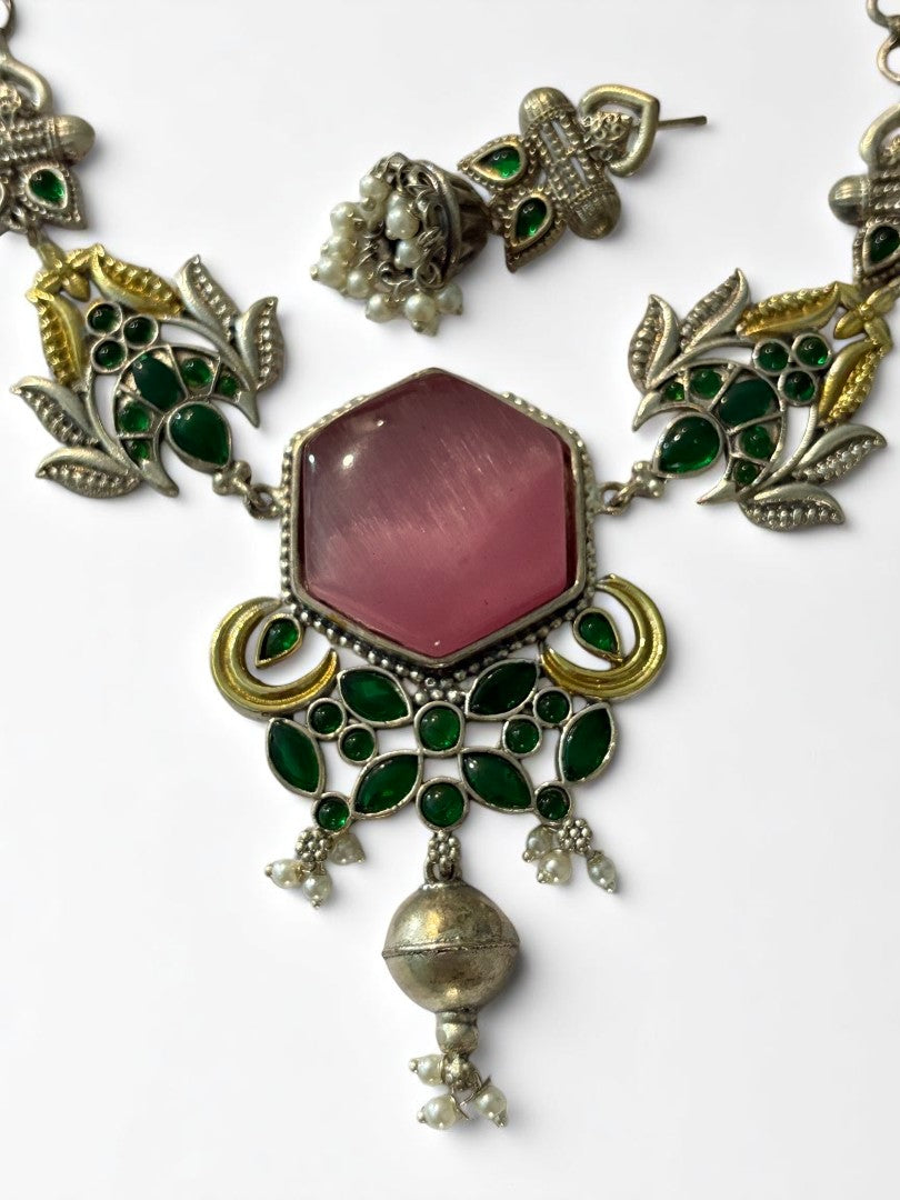 PINK REKHA GERMAN SILVER JEWELLERY SET
