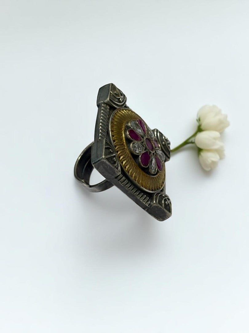 PINK WHITE FLOWER AYANI GERMAN SILVER RING