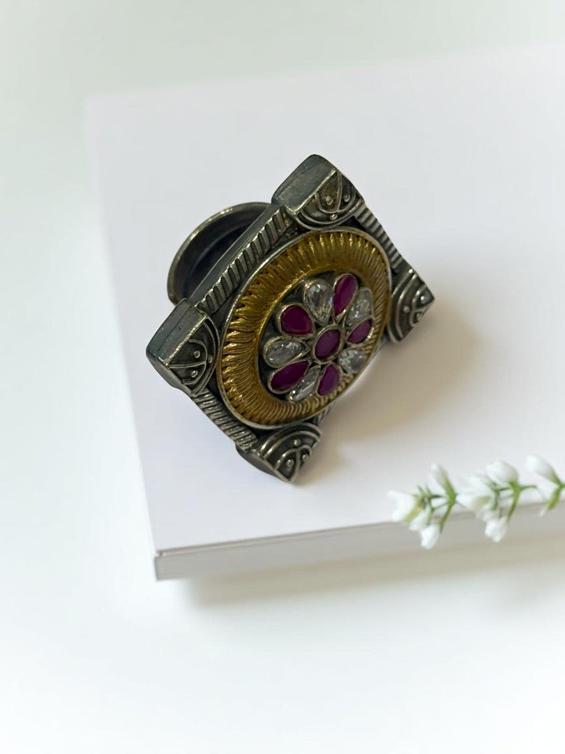 PINK WHITE FLOWER AYANI GERMAN SILVER RING