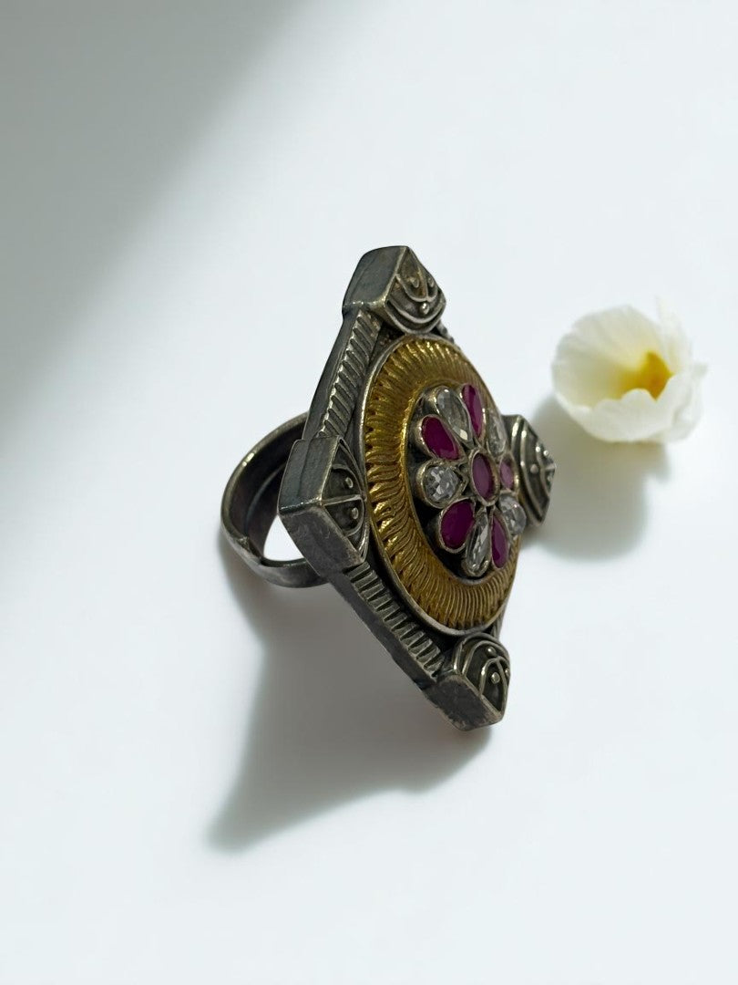 PINK WHITE FLOWER AYANI GERMAN SILVER RING