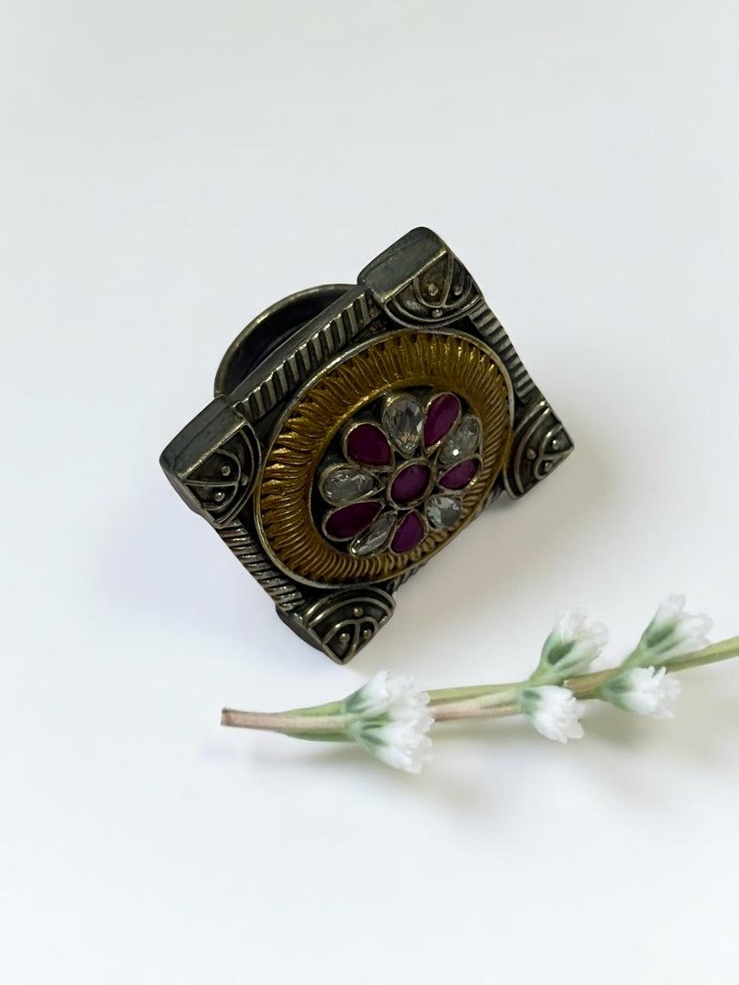 PINK WHITE FLOWER AYANI GERMAN SILVER RING