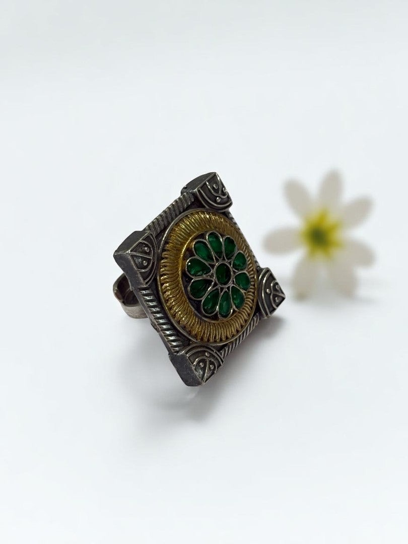 GREEN FLOWER AYANI GERMAN SILVER RING