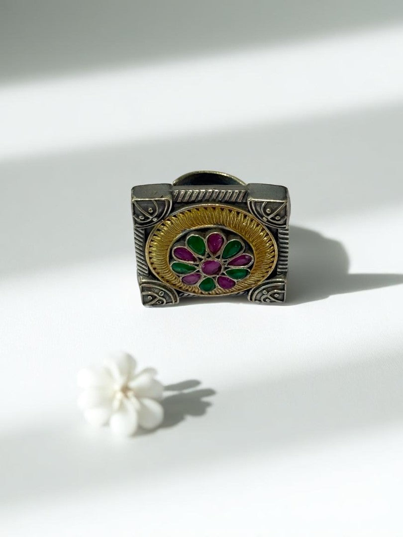 GREEN PINK FLOWER AYANI GERMAN SILVER RING