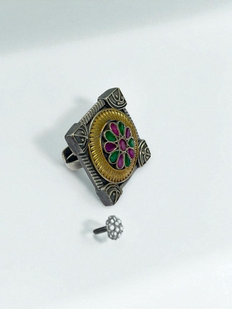 GREEN PINK FLOWER AYANI GERMAN SILVER RING