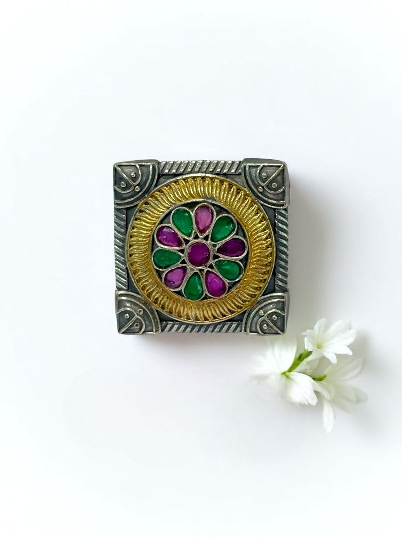 GREEN PINK FLOWER AYANI GERMAN SILVER RING