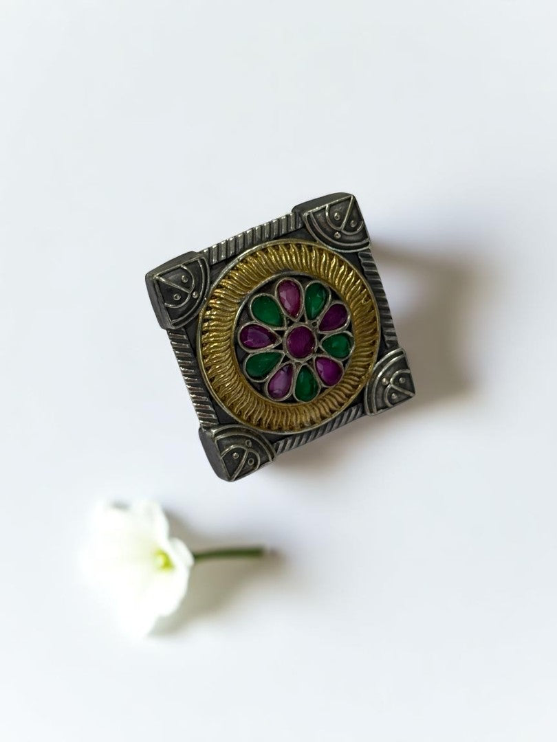 GREEN PINK FLOWER AYANI GERMAN SILVER RING