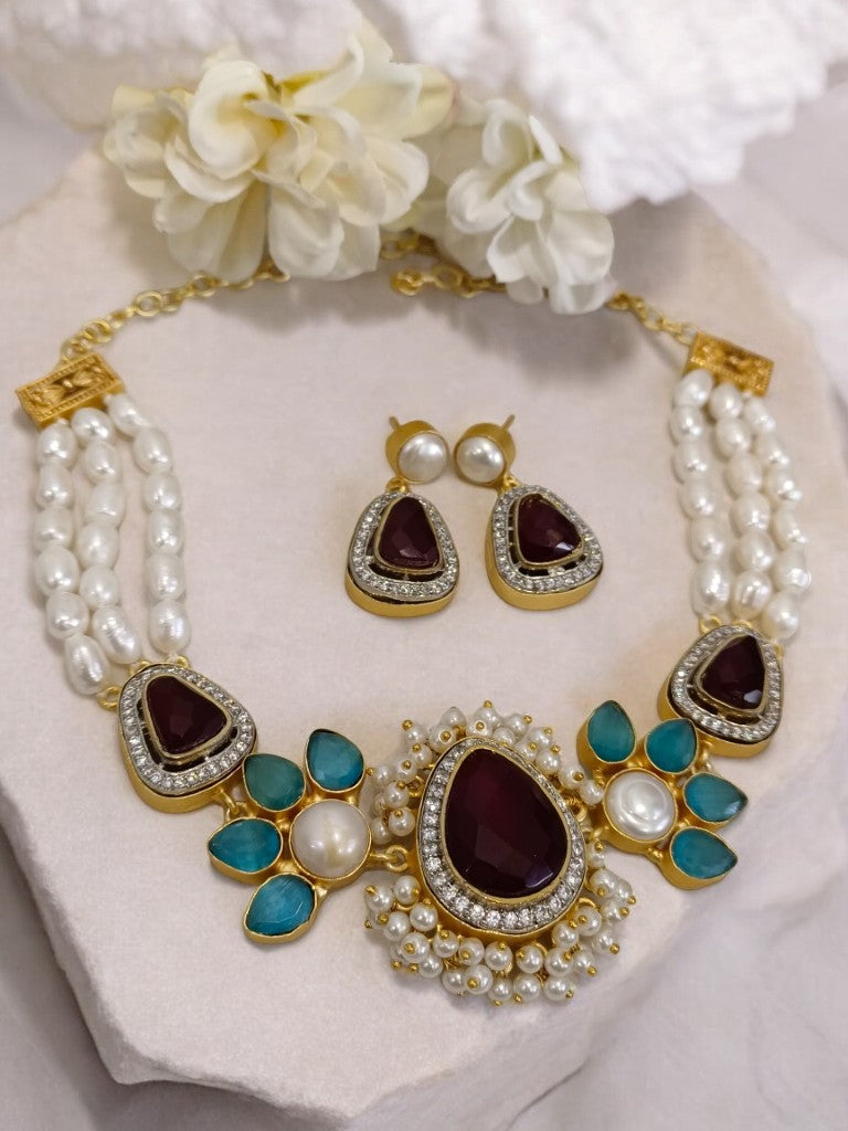 MAROON AND BLUE EZHIL JEWELLERY SET