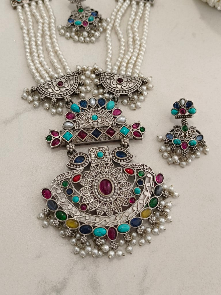 MULTI EMALINE GERMAN SILVER JEWELLERY SET