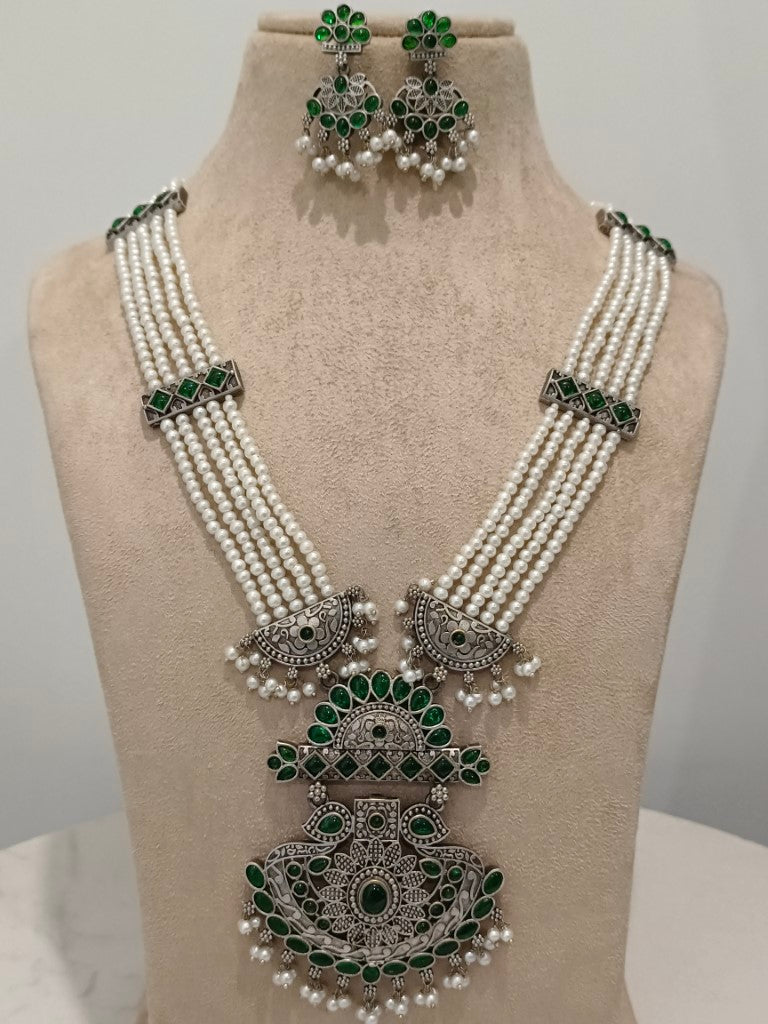 GREEN EMALINE GERMAN SILVER JEWELLERY SET