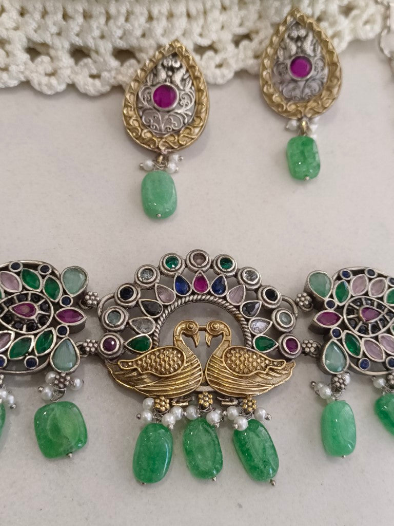 GREEN PANJURLI GERMAN SILVER JEWELLERY SET