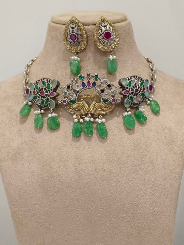 GREEN PANJURLI GERMAN SILVER JEWELLERY SET