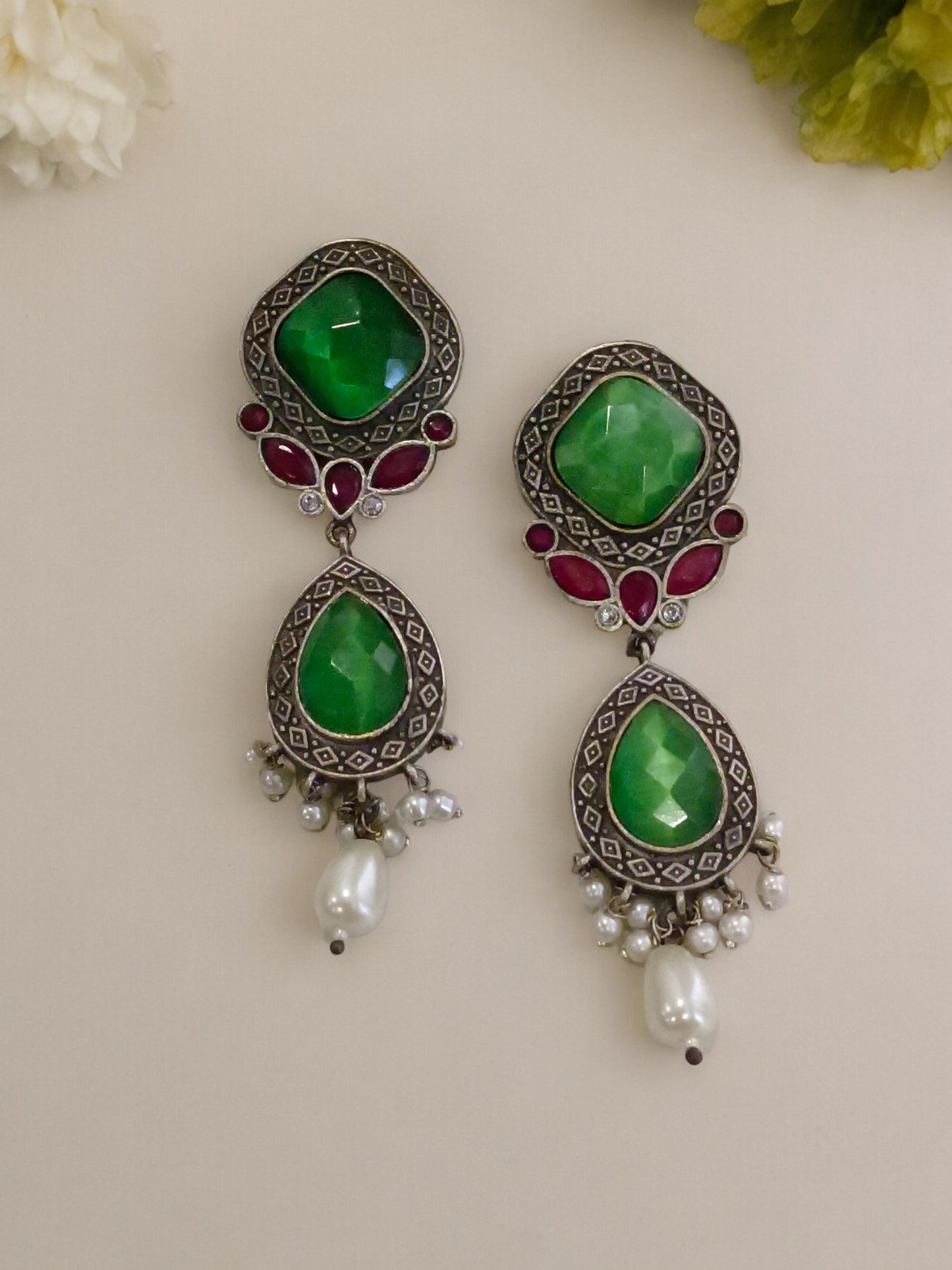 GREEN HEMAL GERMAN SILVER EARRINGS