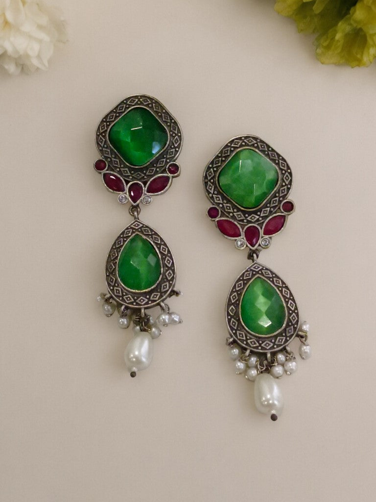GREEN HEMAL GERMAN SILVER EARRINGS