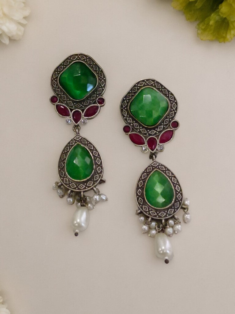 GREEN HEMAL GERMAN SILVER EARRINGS