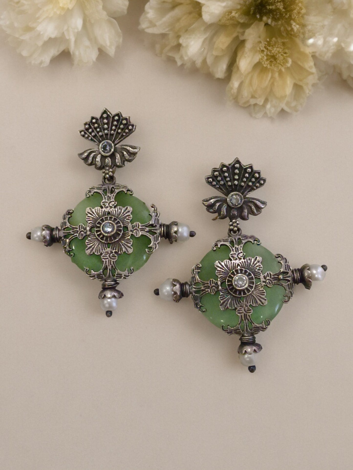 LIGHT GREEN MITALI GERMAN SILVER EARRINGS