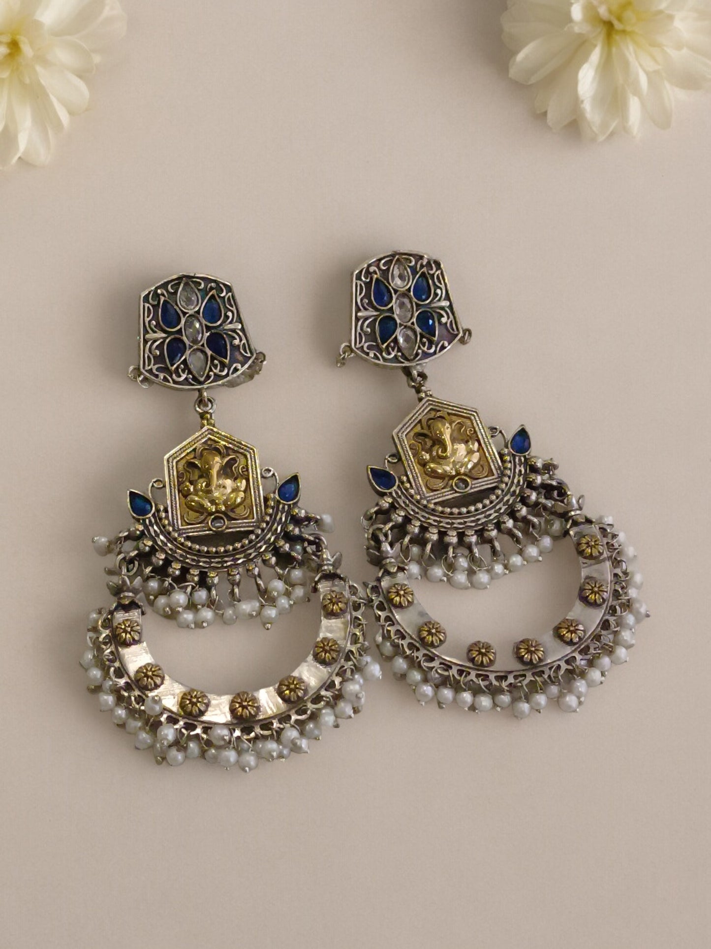 BLUE & WHITE KESHVI GERMAN SILVER EARRINGS
