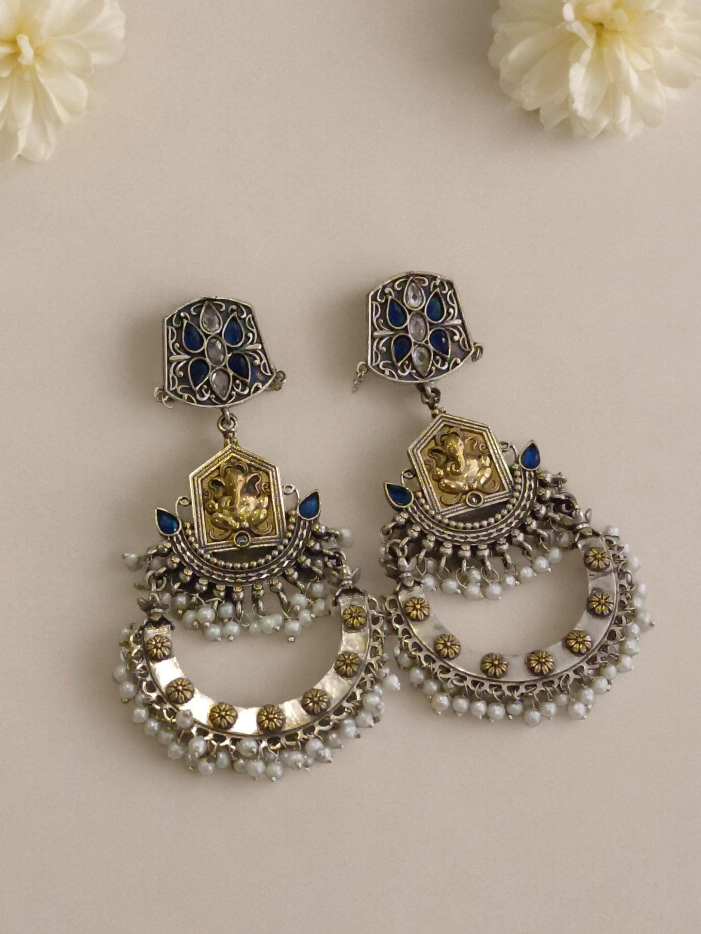 BLUE & WHITE KESHVI GERMAN SILVER EARRINGS