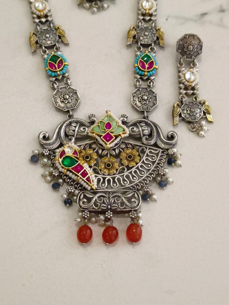 ORANGE BEADS YUKA GERMAN SILVER JEWELLERY SET