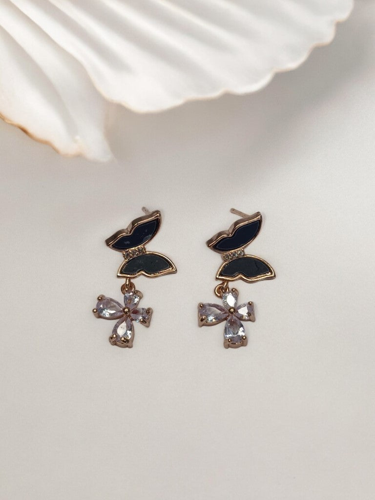 BLACK BUTTERFLY WITH DIAMOND FLOWER CHARMIE EARRINGS