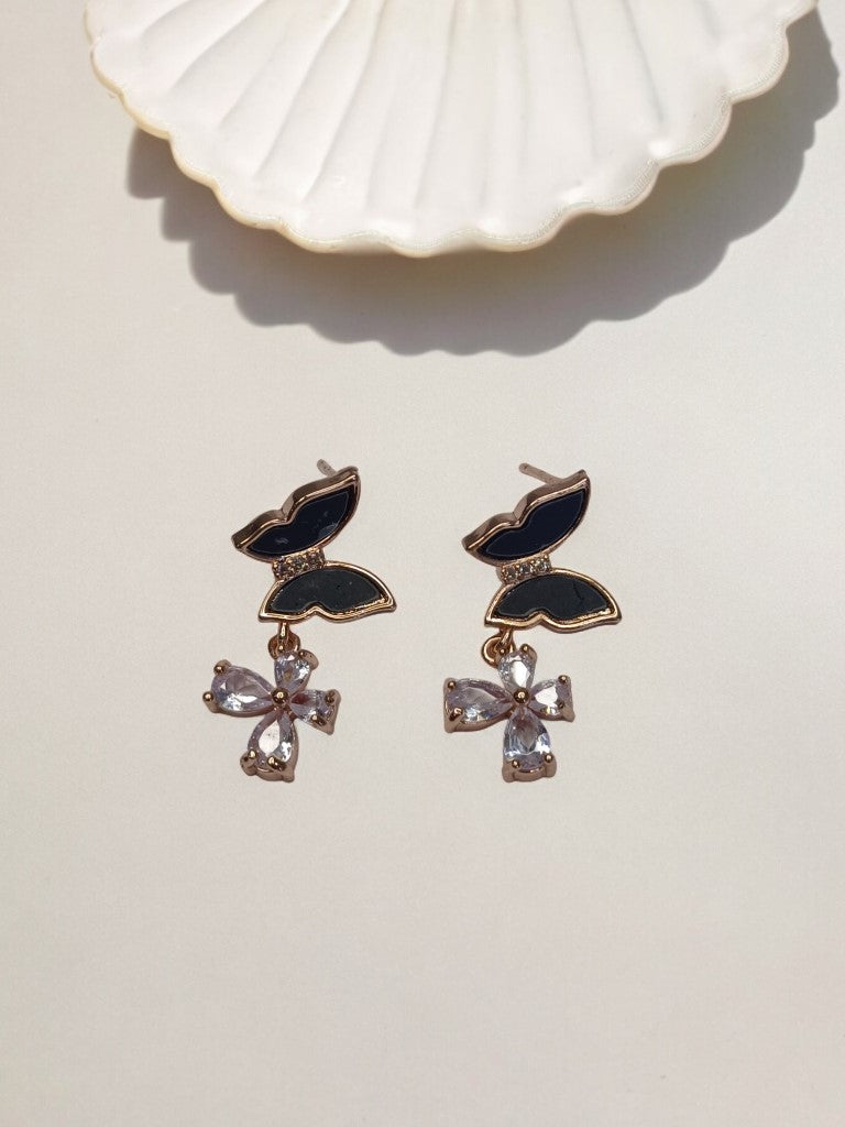 BLACK BUTTERFLY WITH DIAMOND FLOWER CHARMIE EARRINGS