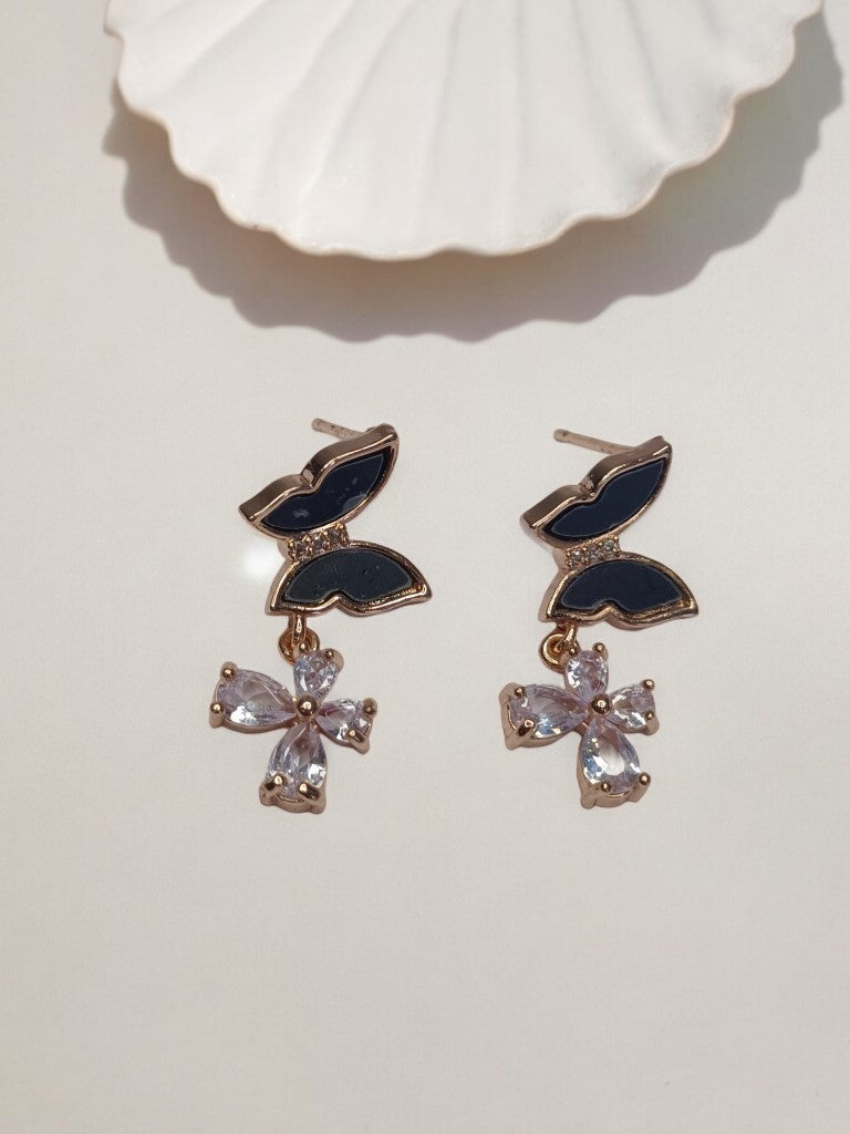 BLACK BUTTERFLY WITH DIAMOND FLOWER CHARMIE EARRINGS