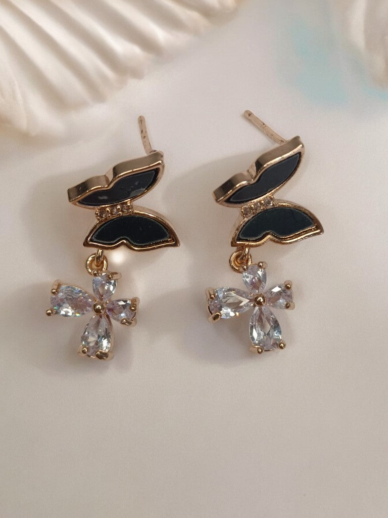 BLACK BUTTERFLY WITH DIAMOND FLOWER CHARMIE EARRINGS