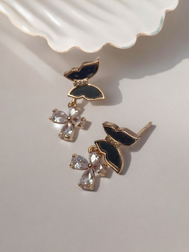 BLACK BUTTERFLY WITH DIAMOND FLOWER CHARMIE EARRINGS