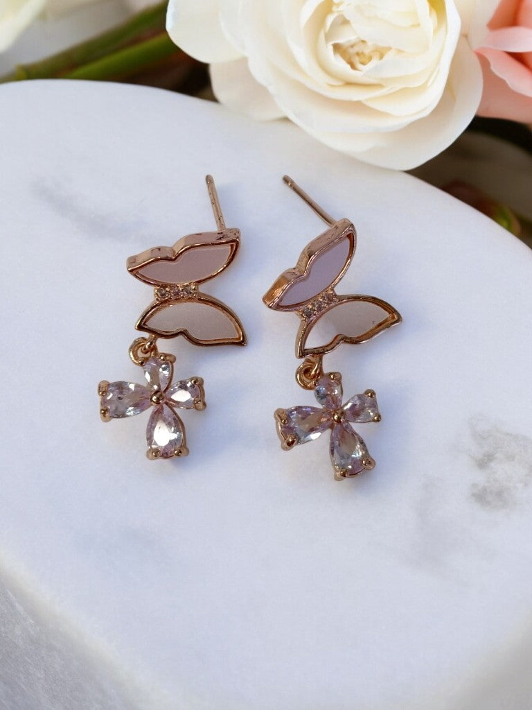 WHITE BUTTERFLY WITH DIAMOND FLOWER CHARMIE EARRINGS