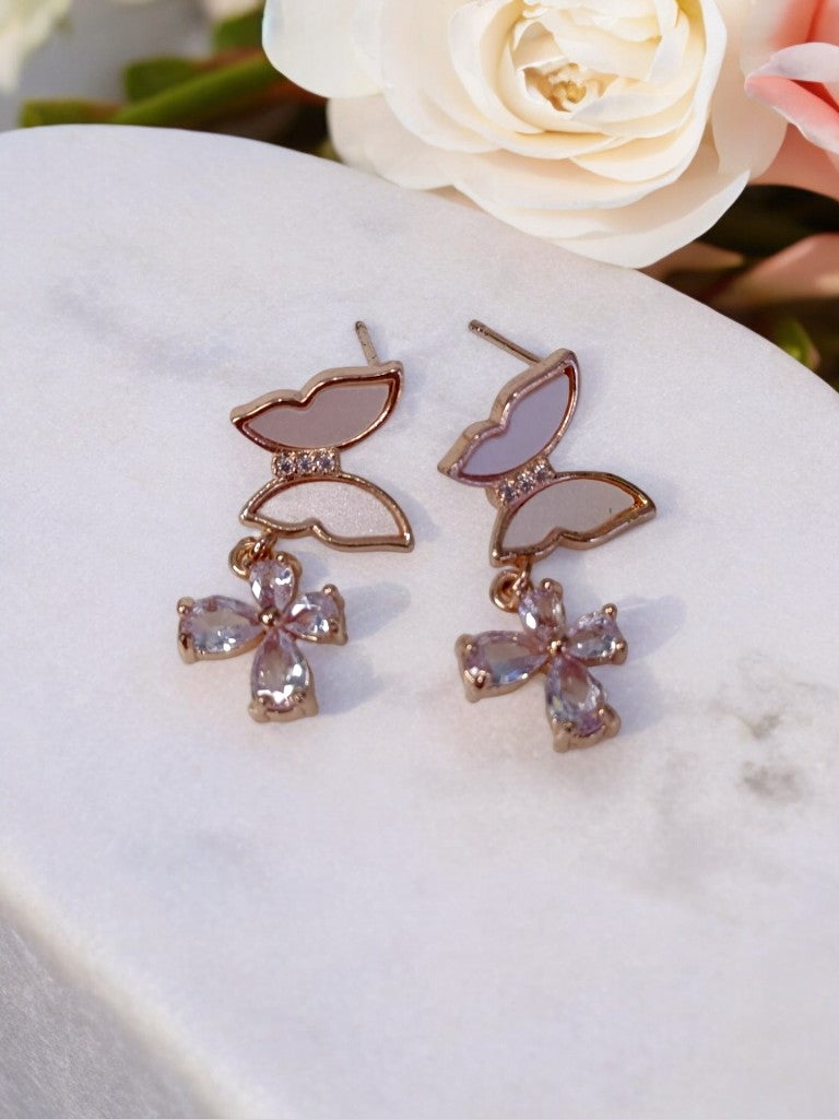 WHITE BUTTERFLY WITH DIAMOND FLOWER CHARMIE EARRINGS