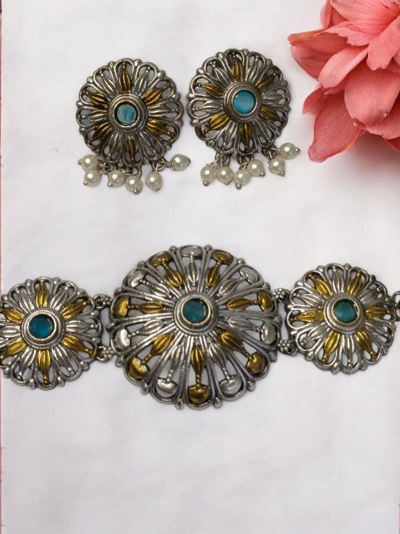 SKY BLUE DHRUVIKA GERMAN SILVER JEWELLERY SET