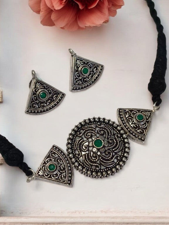 GREEN KARALI GERMAN SILVER JEWELLERY SET